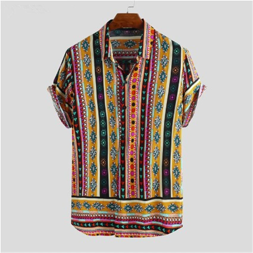 

2020 Men Shirts Short Sleeve Printed Pocket Colorful Casual Blouse Hawaiian shirt Male Tops Summer Geometric Plus Size Shirts 5X