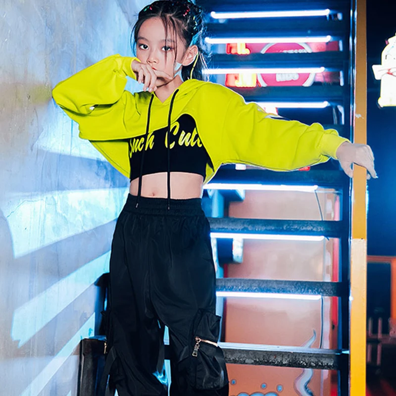 

2021 Children'S Hip Hop Dance Costume Girls Hip-Hop Clothes Fluorescent Crop Top Hiphop Pants Jazz Performance Stage Costume
