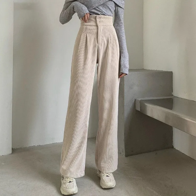 

2021 Spring Winter Women High Waist Double Button Loose Female Straight Leg Trousers Casual Pants Corduroy Drape Mopping Pants