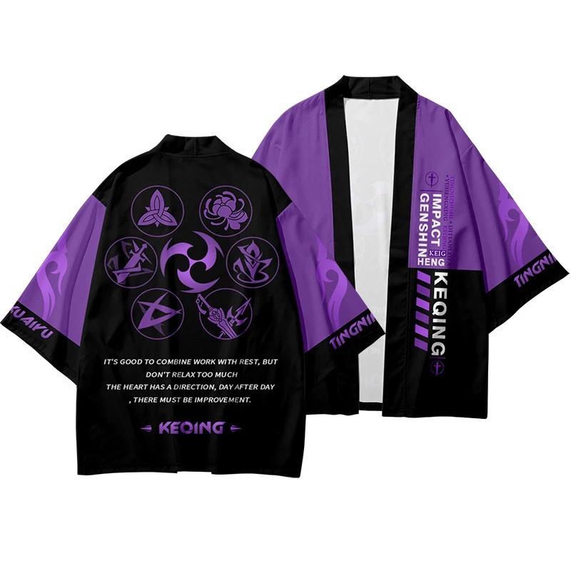

Game Genshin Impact Kimono Chiffon Coat Costume Keqing Cosplay Cloak For Men Women Unisex Fashion Suit Kimono shirt and shorts
