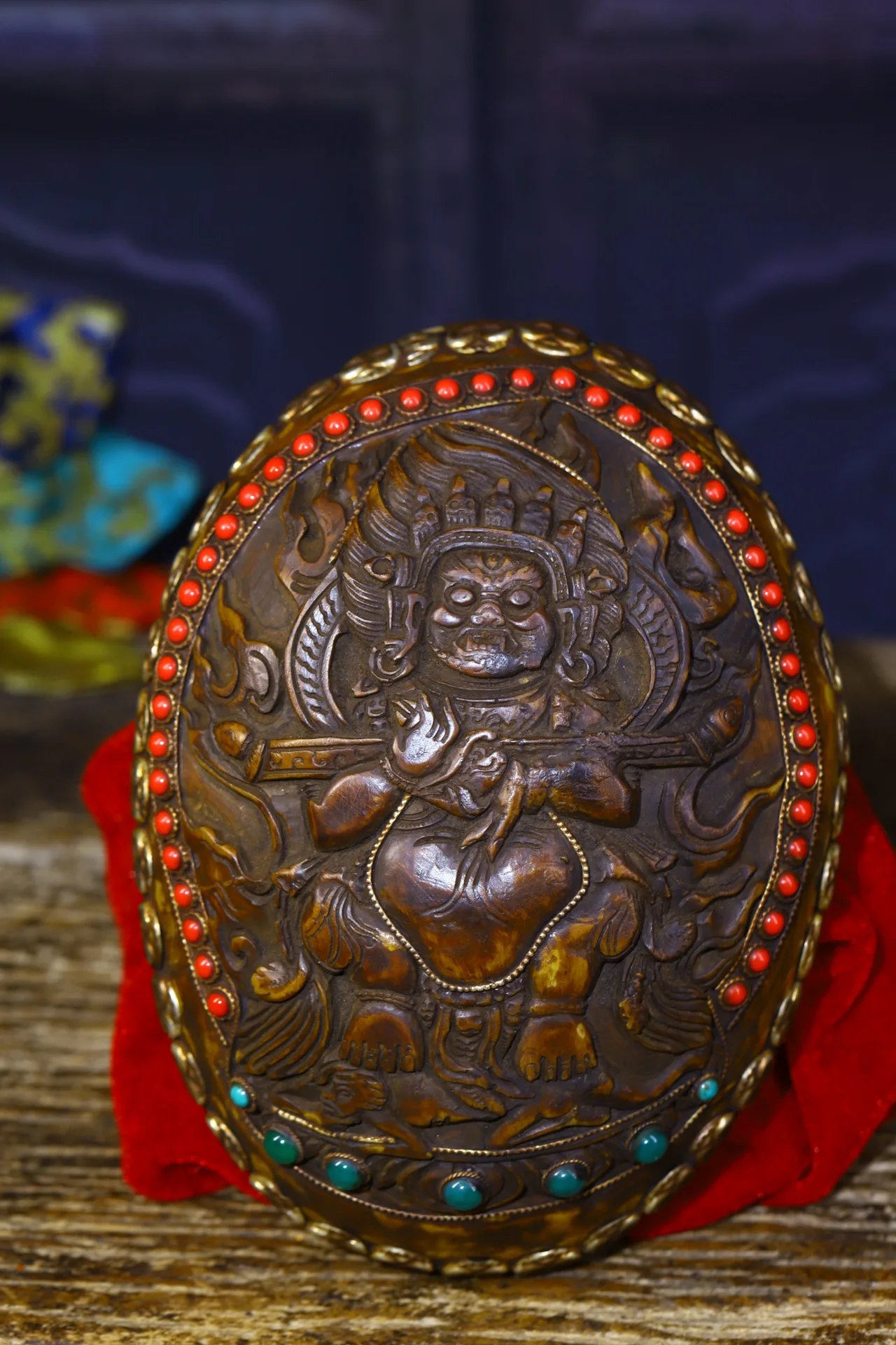 

7" Tibet Buddhism Tibetan silver Filigree Gem Dzi Bead Mahakala Buddha statue Gabala Bowl Skull Bowl Exorcism Town House