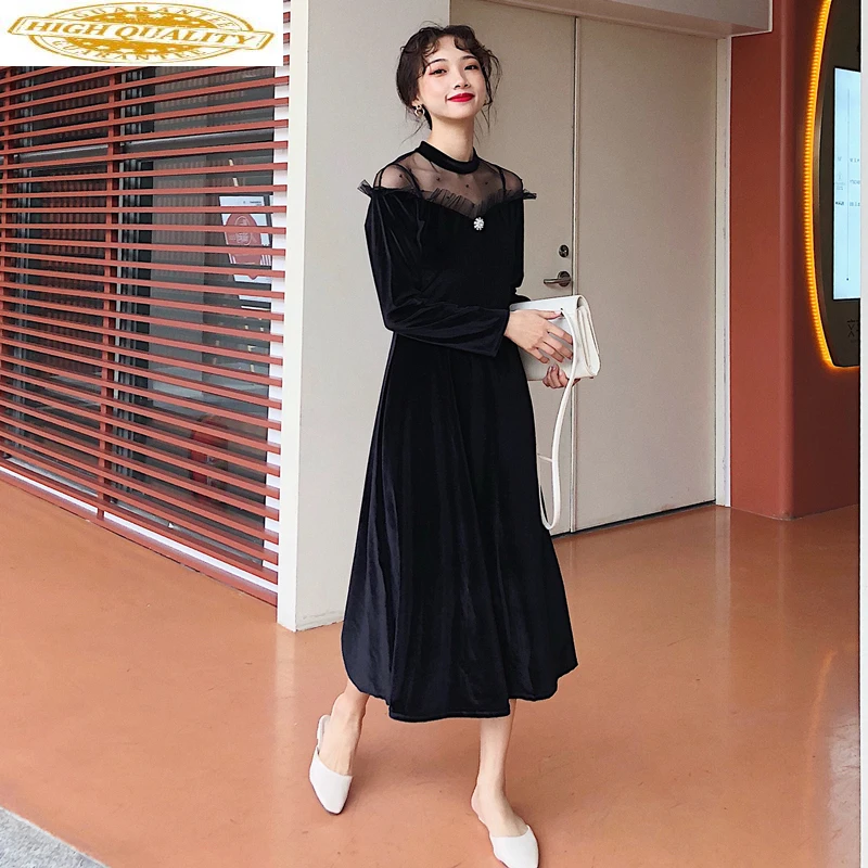 2020 весеннее вельветовое платье женское с длинным рукавом Сетчатое размера плюс