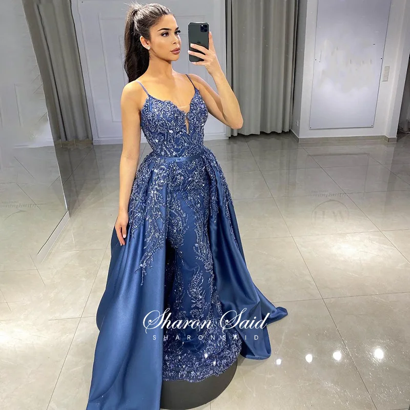

Luxury Beaded Dubai Blue Mermaid Evening Dress with Detachable Skirt Spaghetti Strap Arabic Prom Formal Gowns for Women Wedding