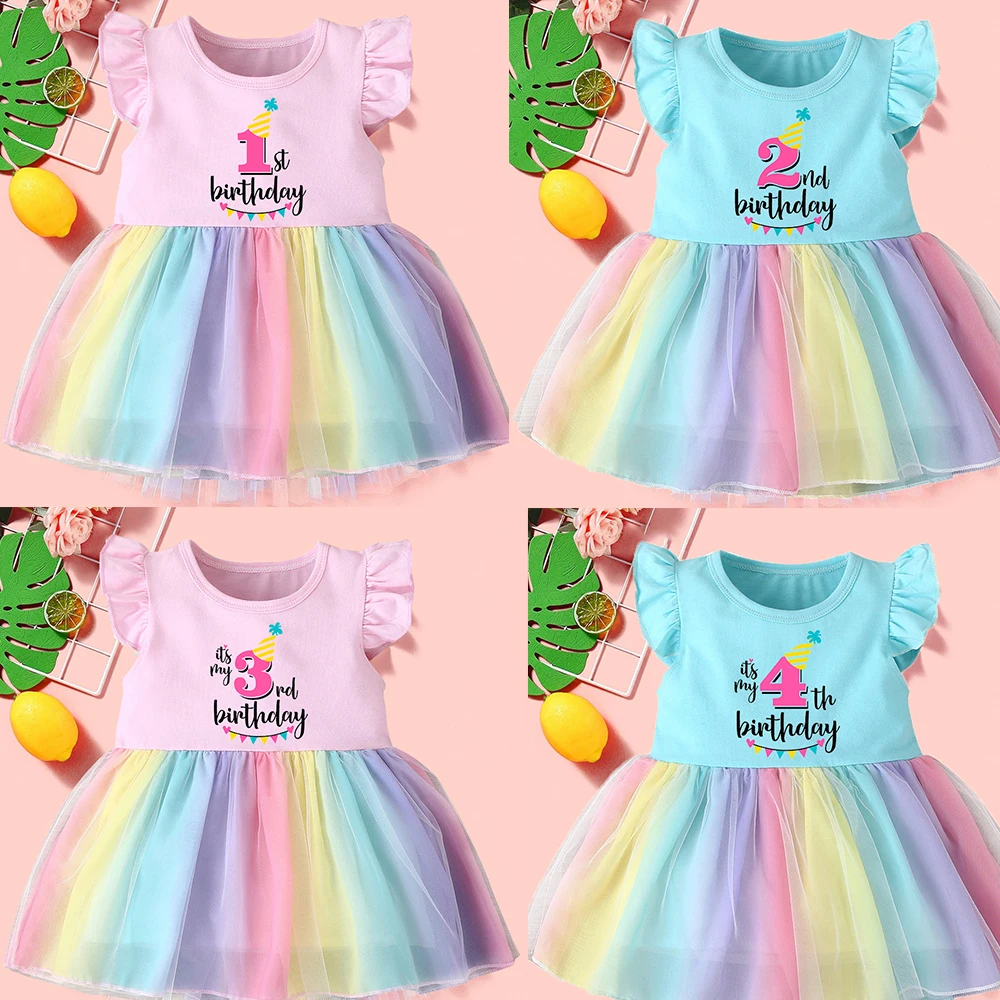 Baby First Birthday Pink Dresses 1 2 3rd 4 Years Party Little Girls Cotton Clothes Toddler Kids Party Outfits Vestidos De Gala