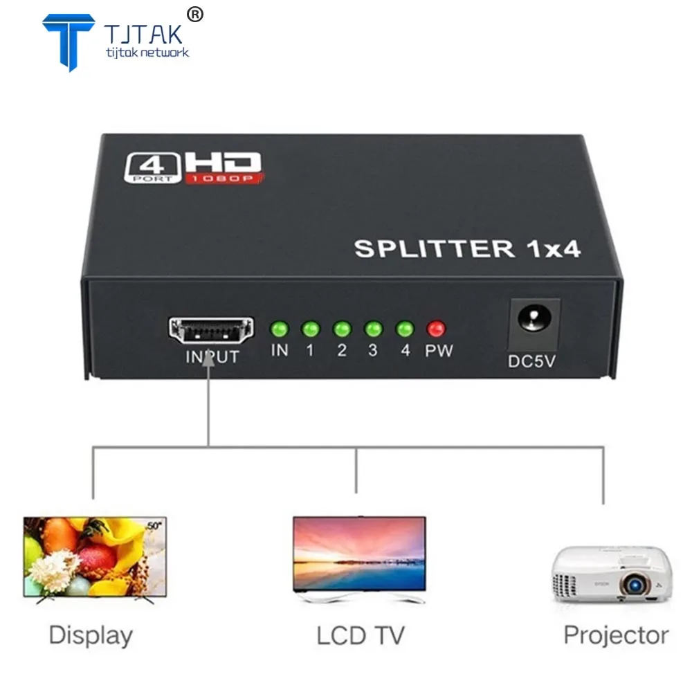 

1 x 4 HDMI-compatible Splitter Converter 1 In 4 Out HD 1.4 Splitter Amplifier HDCP 1080P Dual Display for HDTV DVD PS3 Xbox