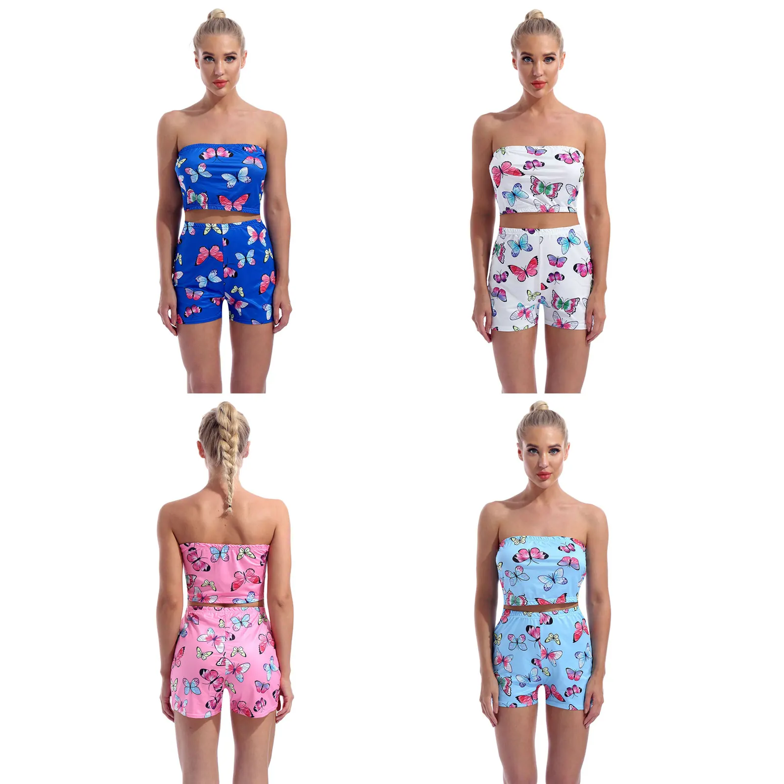 

2Pcs Women Summer Outfit Butterfly Print Sleeveless Tube Crop Top High Waist Elastic Waist Shorts Set Female Sexy Streetwear
