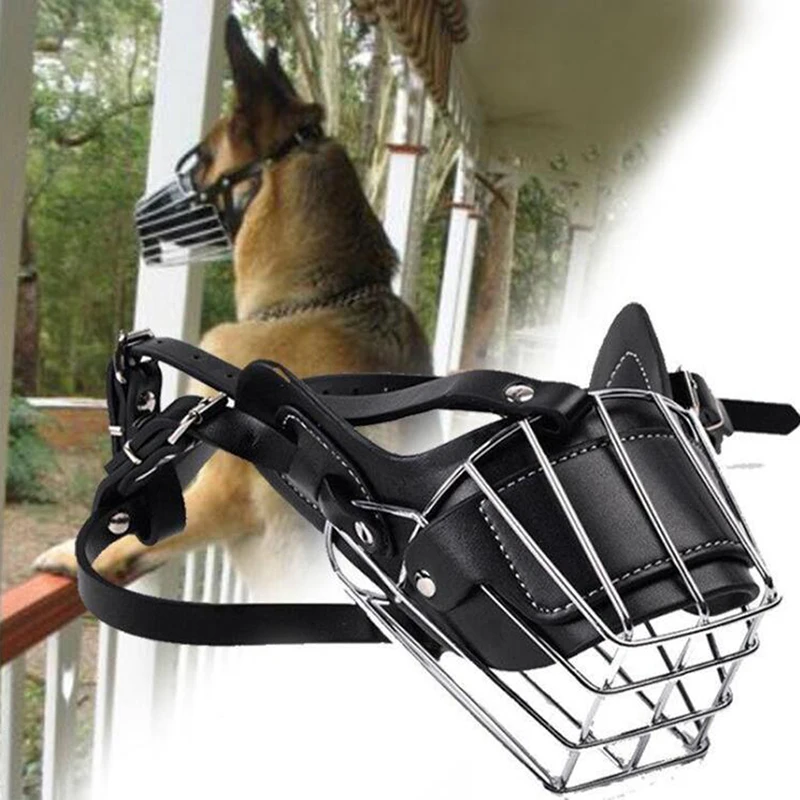 Bozal ajustable para perros pequeños y grandes, máscara de seguridad transpirable, con cesta de Metal de cuero, antimordedura, para morder y ladrar