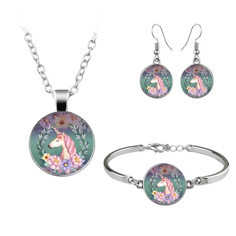 

Cartoon Unicorn Art Photo Jewelry Set Cabochon Glass Pendant Necklace Earring Bracelet Totally 4 Pcs for Girls Kids Fashion Gift