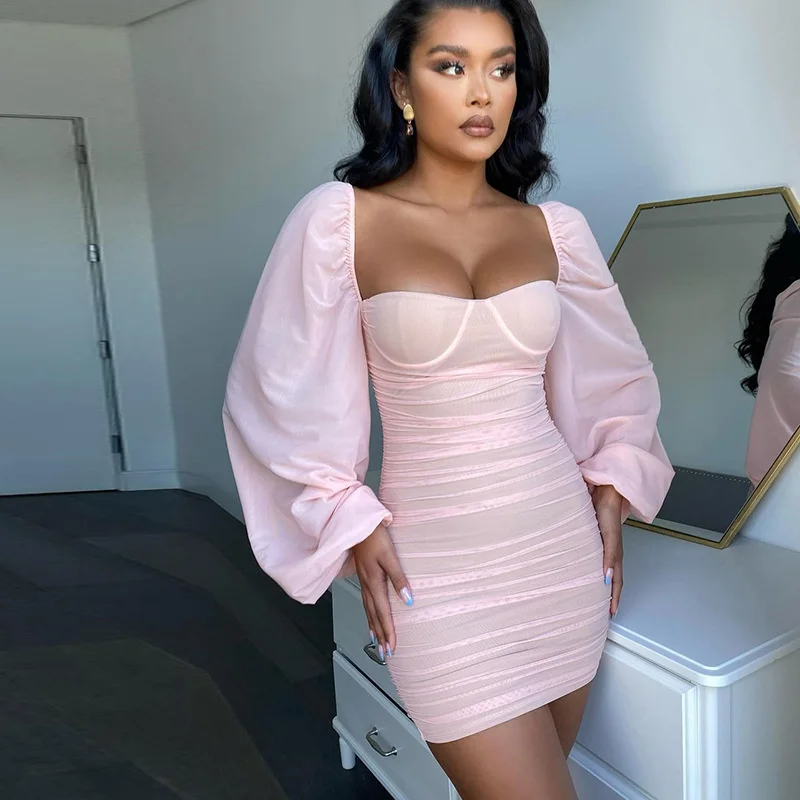 

Spring And Summer Dress Women Sexy Mesh Square Collar Open Back Lantern Sleeve Pleated Mini Dress Long Sleeve Party Club Dress