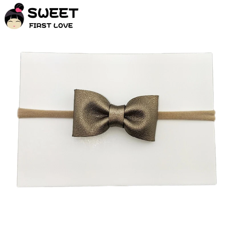 Детская кожаная повязка на голову ручной работы с бантом и эластичной резинкой