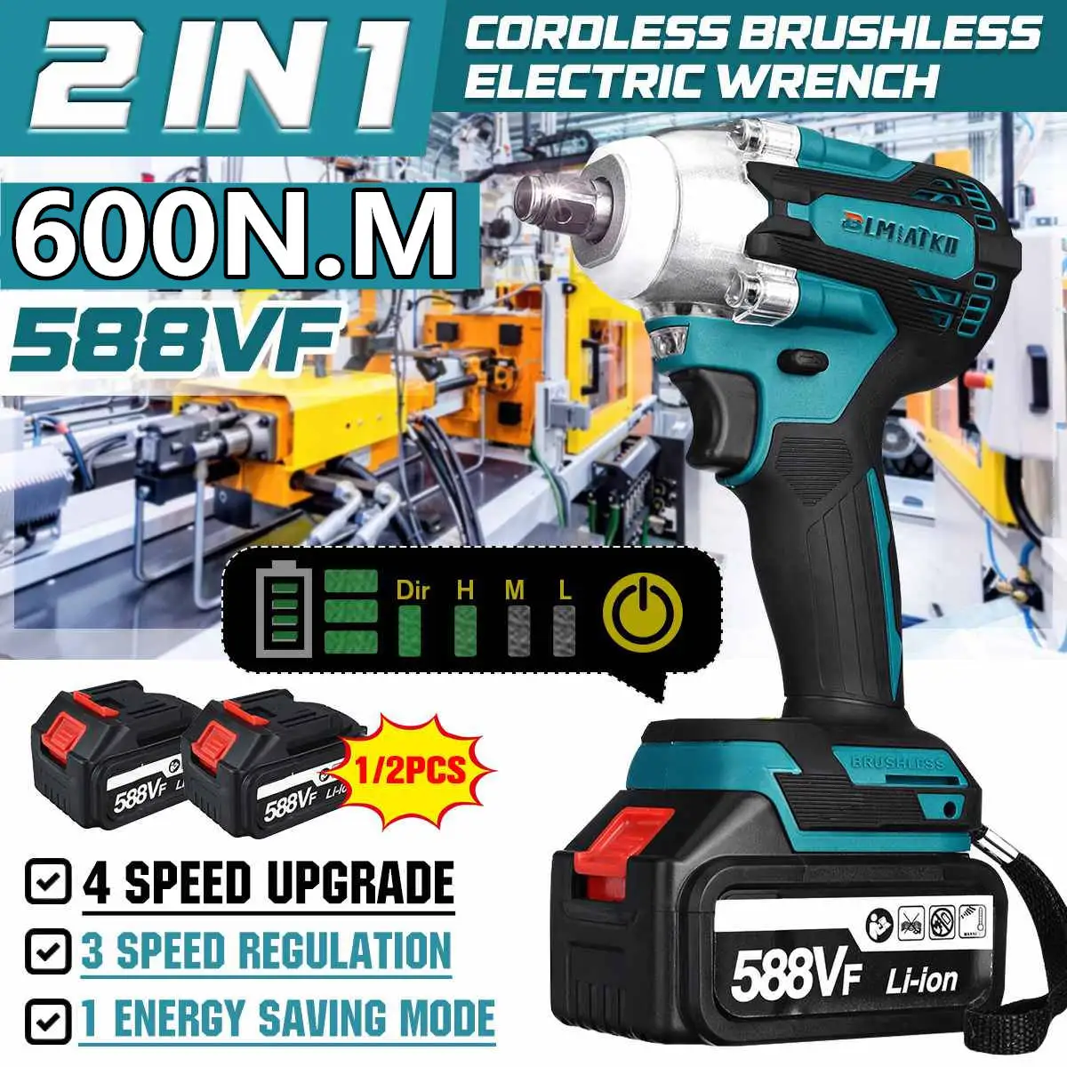 

Electric Impact Wrench 600N.M 588V 4000rpm Brushless Cordless Rechargeabl 1/2, 1/4 Socket Power Tool 1/2 x588V Battery