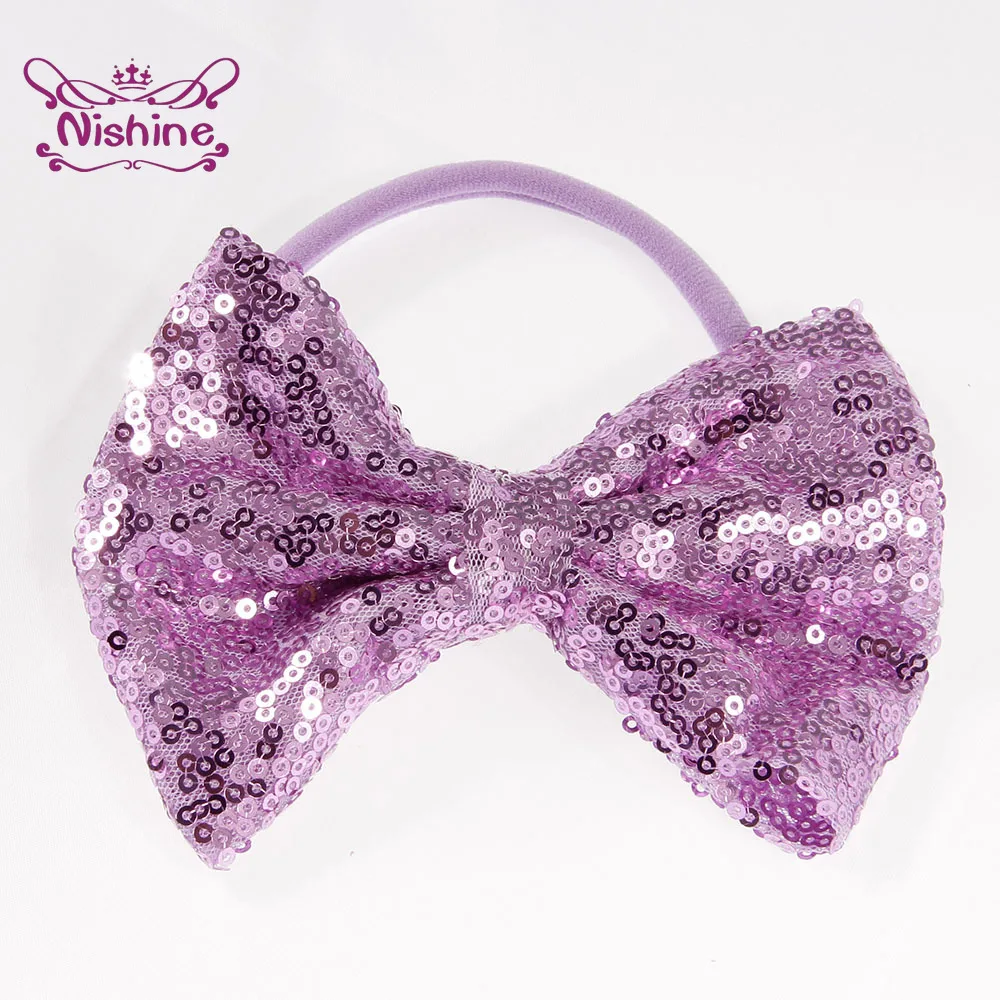 Повязка на голову для девочек нейлоновая однотонная с блестящим бантом большой