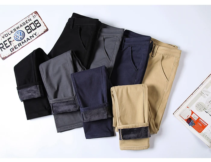 Зимние новые мужские теплые повседневные брюки бизнес мода Slim Fit стрейч плотные брюки мужские брендовые хаки ВМФ серые брюки