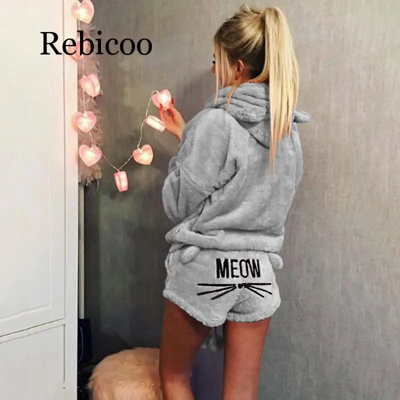 Новый пижамный комплект осень-зима меховая рубашка шорты теплая Пижама Женское