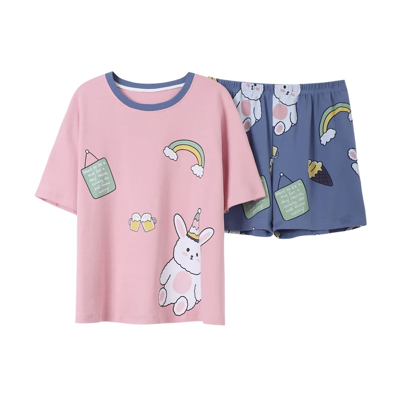 

BZEL 2021 New Summer Pajamas Women Cotton Sleepwear Kawaii Cartoon Home Suit Short Sleeves Shorts Pijamas Loose Pyjamas Set Cute