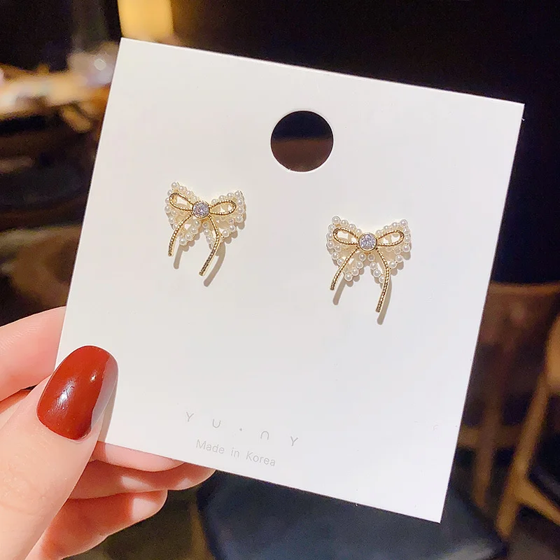 

S925 silver needle French bow pearl Korean small earrings sweet earrings