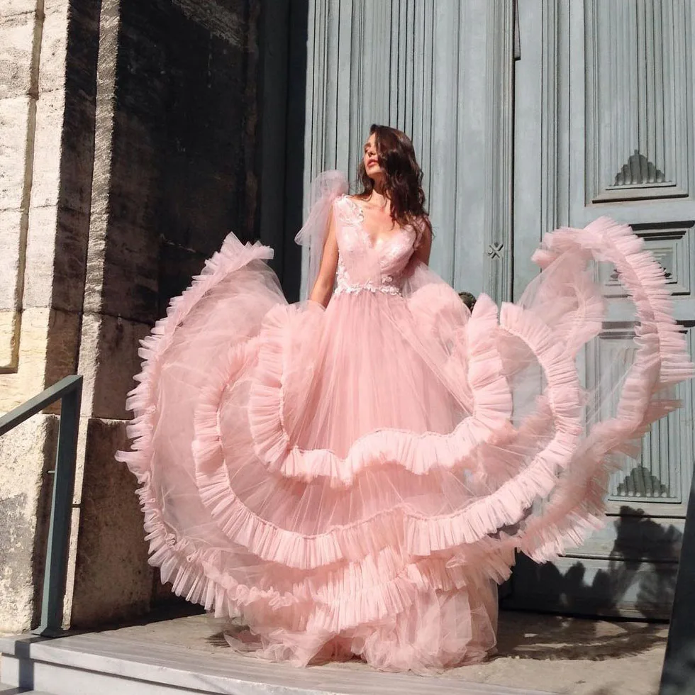 

High Quality Prom Dresses Lace Up V-Neck Layered Ruffle Tulle Ball Gown Engagement Dress Floor Length Long Evening Dress