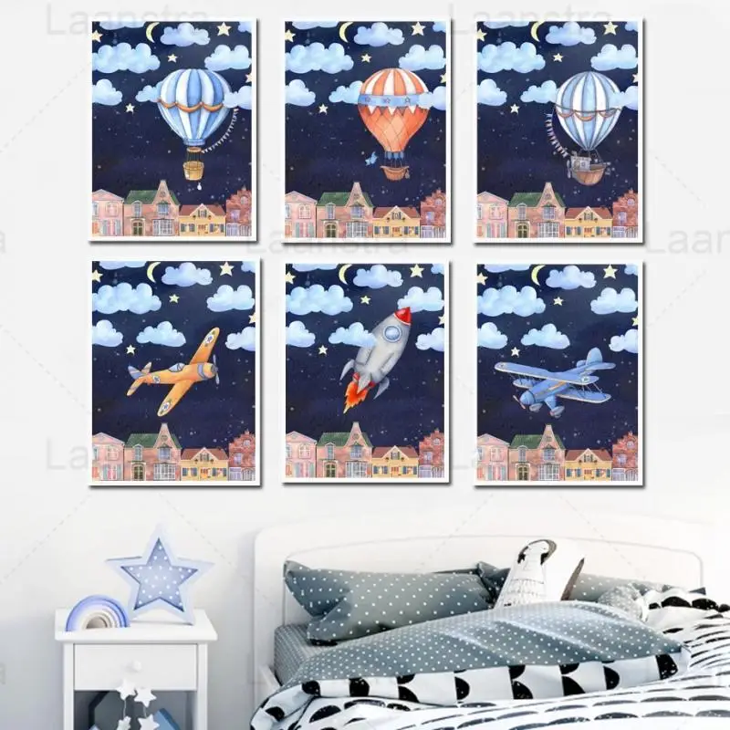 

Nursery Wall Art Canvas Painting Rocket Airplane Hot Air Balloon Cartoon Poster And Print Boy Kids Room Home Decor Wall Pictures