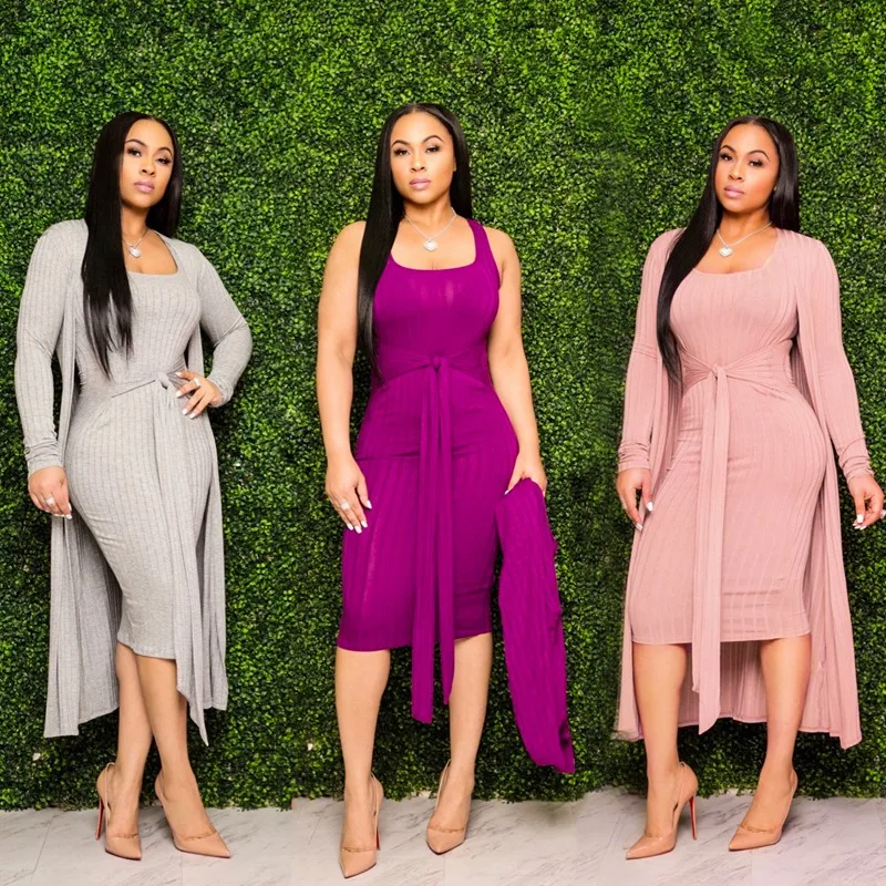 Женское однотонное трикотажное платье до колена без рукавов длинный плащ