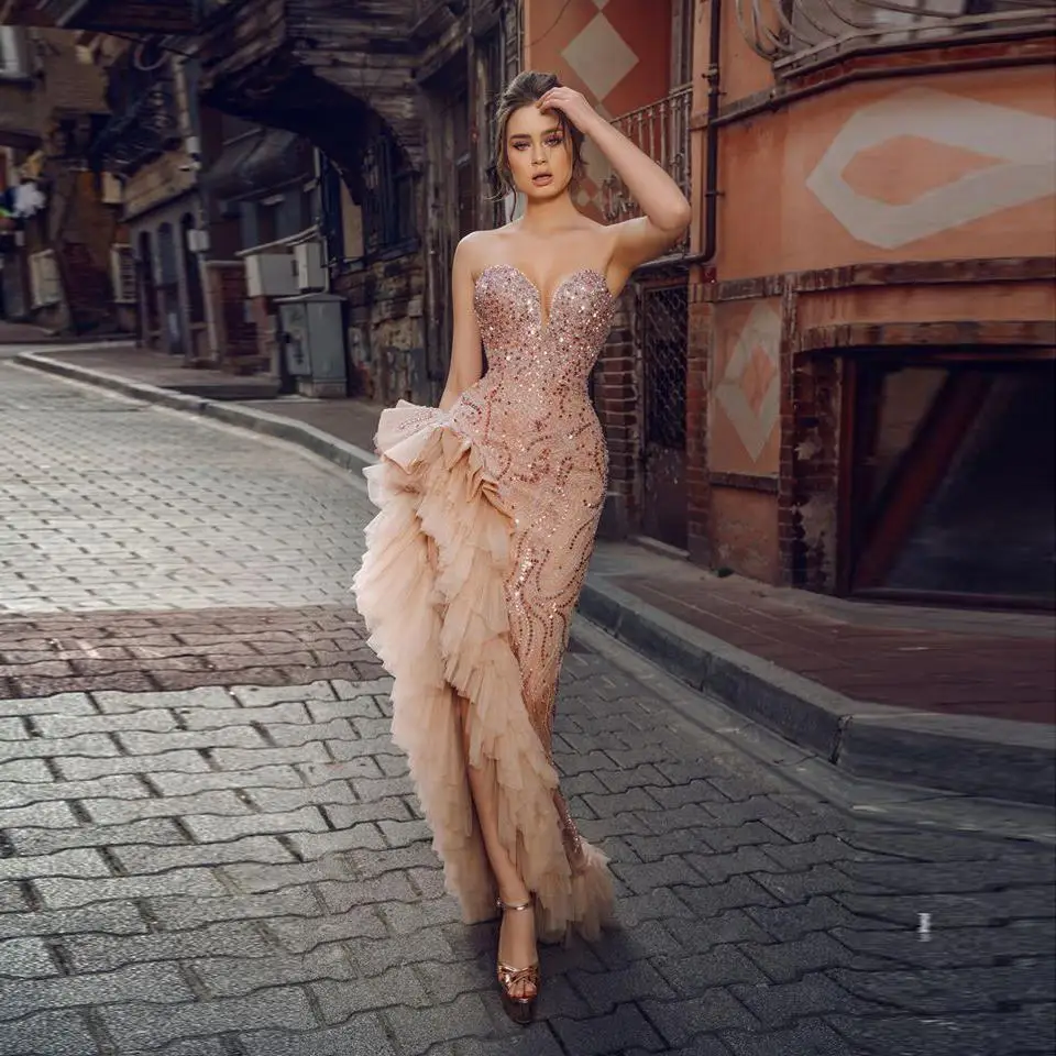 

Apricot Tube Top Irregular Mermaid Prom Gowns Halter Ruffled High Slit Plus Size Women Formal Gowns Evening Party Dress