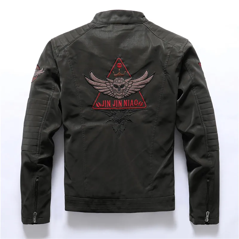 

Autumn Winter Embroidery Leather Jacket Men Fashion Streetwear Fleece Warm Men Leather Motorcycle Jackets and Coats Army Green