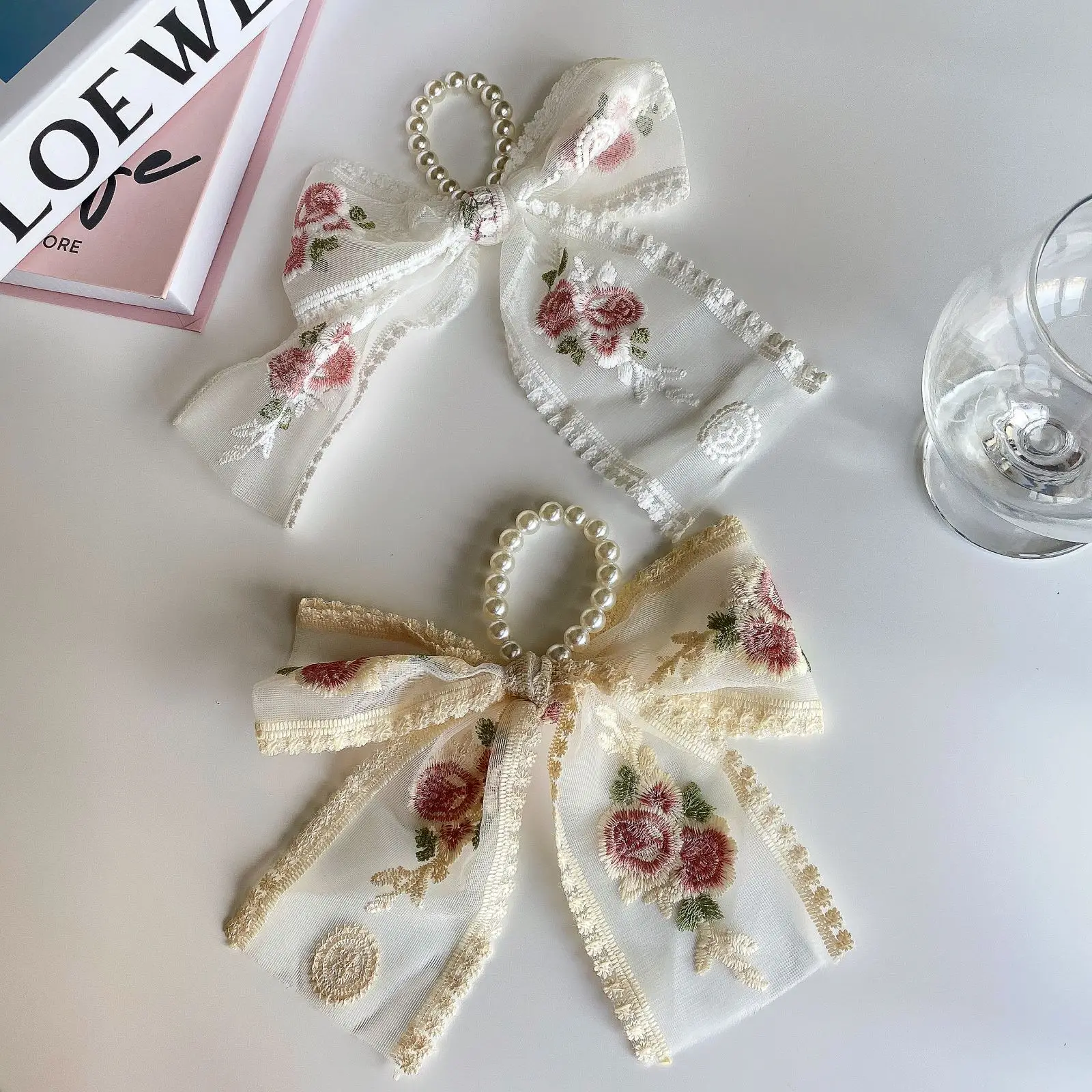 

New Women's Hair Rope Lace Pearl Big Bow Hair Rope Elegant Hair Ring with Mesh Girls Hair Accessories Headbands