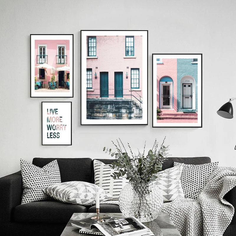 Городской пейзаж стены художественный принт дом скандинавский постер розовая