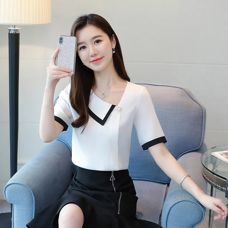 Блузка женская шифоновая с коротким рукавом белая офисная рубашка квадратным