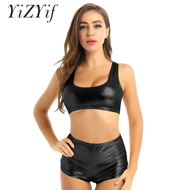 

Womens Shiny Metallic Dance Crop Tops Fitness Sports Gym Outfit U Neck Sleeveless Racer Back Vest Crop Top with Hot Pants Shorts