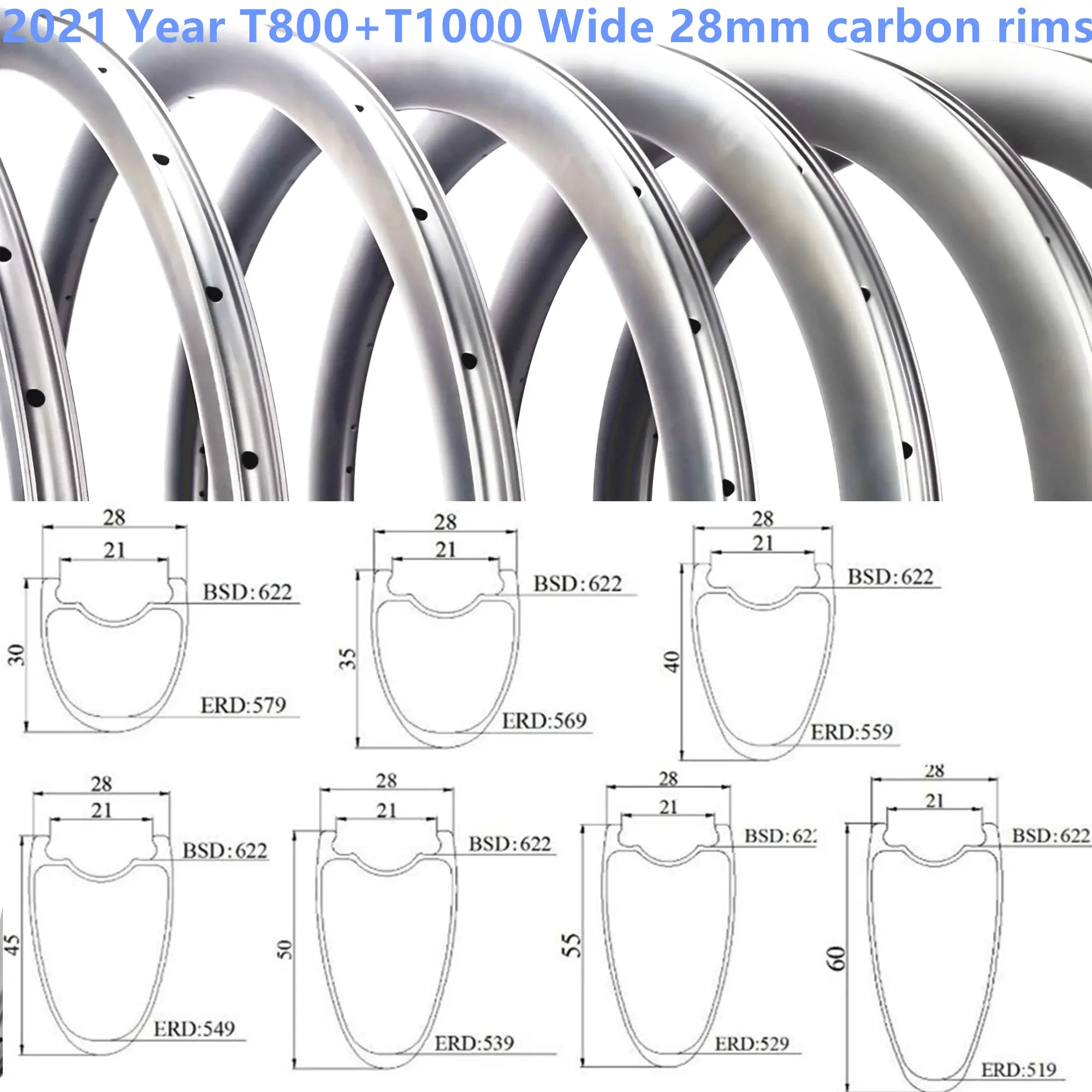 Llantas de freno de disco de carbono para bicicleta, llantas súper ligeras T800 de 28mm de ancho, 30mm, 35mm, 40mm, 45mm, 50mm, 55mm y 60mm, 700c