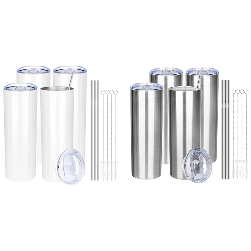 

HOT-4 Pack Stainless Steel Skinny Tumbler with Straws 20Oz Double Wall Vacuum Insulated Tumbler Cups with Lid