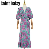 saintdaisy floral dress women 2021 long elegant french fashion gala style v neck flower printing purple empire puff sleeve 99110