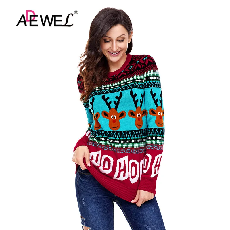 ADEWEL Red Cute Cartoon Reindeer Christmas Sweater Snowman Deer Full Sleeve Sweaters O-neck Women Pullovers Winter Warm Tops | Женская
