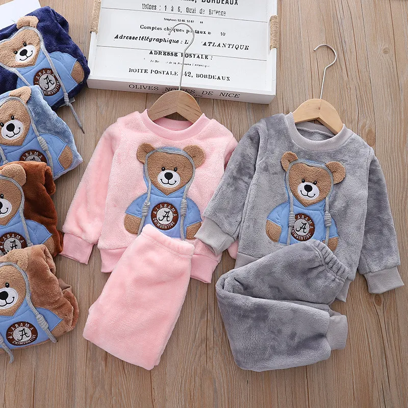 

Long Sleeve Children's home Wear Baby suit Kids Clothes Boys Girls Flannel Winter pajamas bear Tops Pants Set for 9M-6 Years