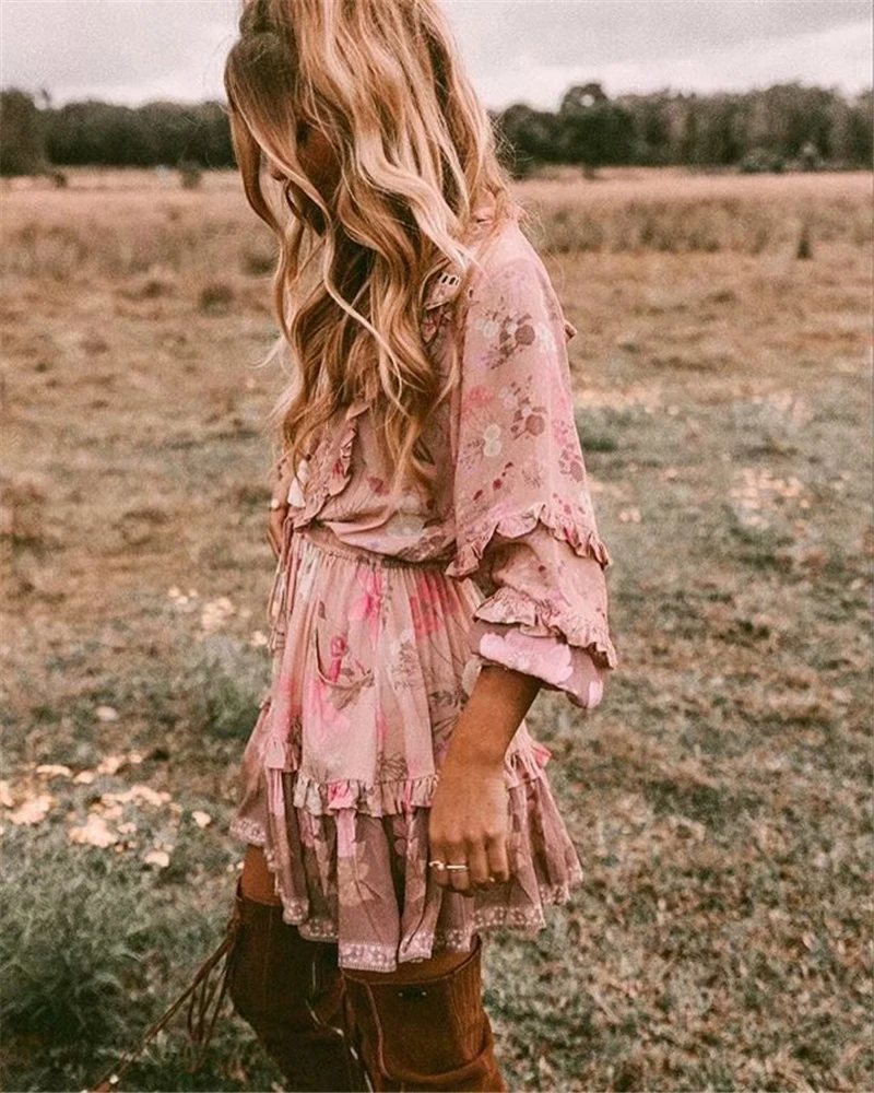 Boho королев для женщин с цветочным принтом Длинные рукава пляжное богемное платье