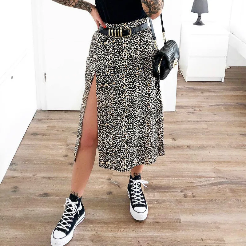 

Women Summer Leopard High Waist Splited Skirts Wraps Slim Split Beach Street Casual Midi Skirt