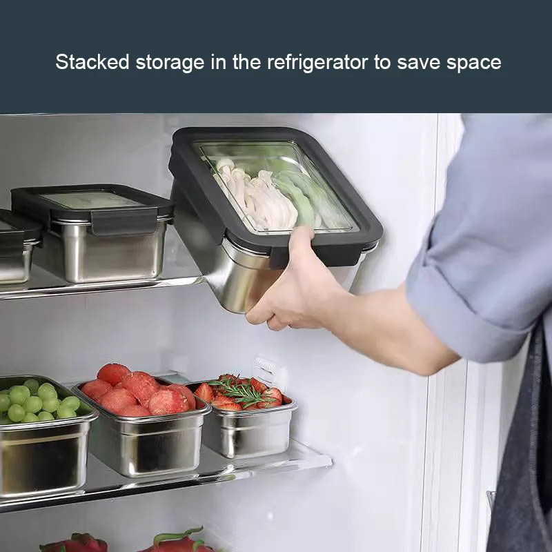 

304 Stainless Steel Food Preservation Box Refrigerator Crisper Set Fruit Sealed Box Lunch Box Table Freezer Box Tableware