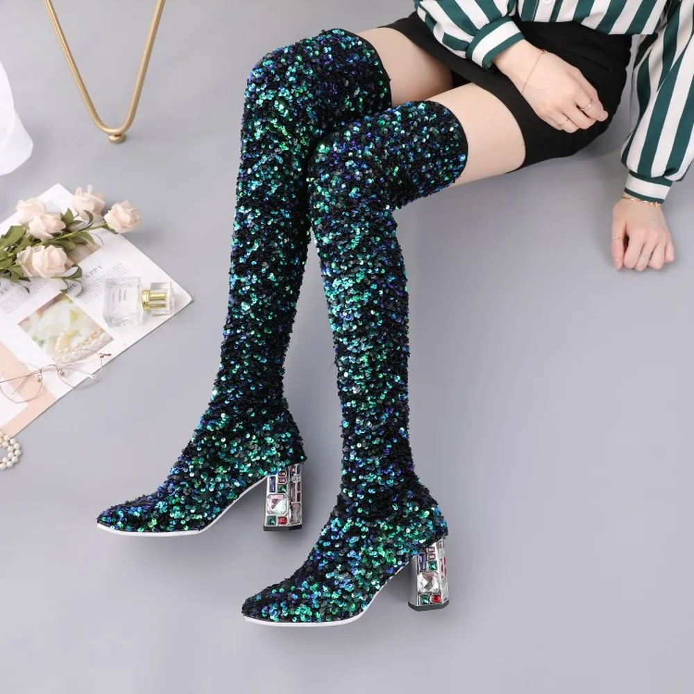 

OEING Womens Pointed Toe Sequins Green Bling Over The Knee Thigh Boots Block High Diamond Crystal Heel Leather Shoes Size