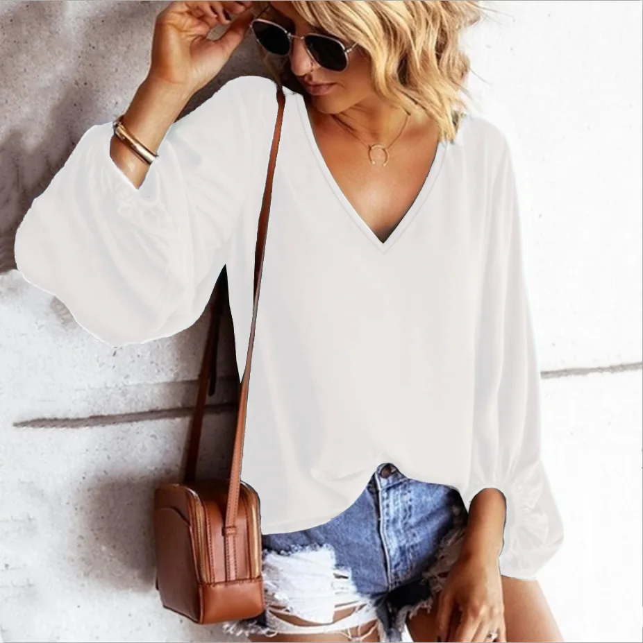 

Spring and Autumn Fashion Loose Lantern Sleeve Cuffs Elastic Large Size Chiffon Shirt Ladies Top plus size women clothing