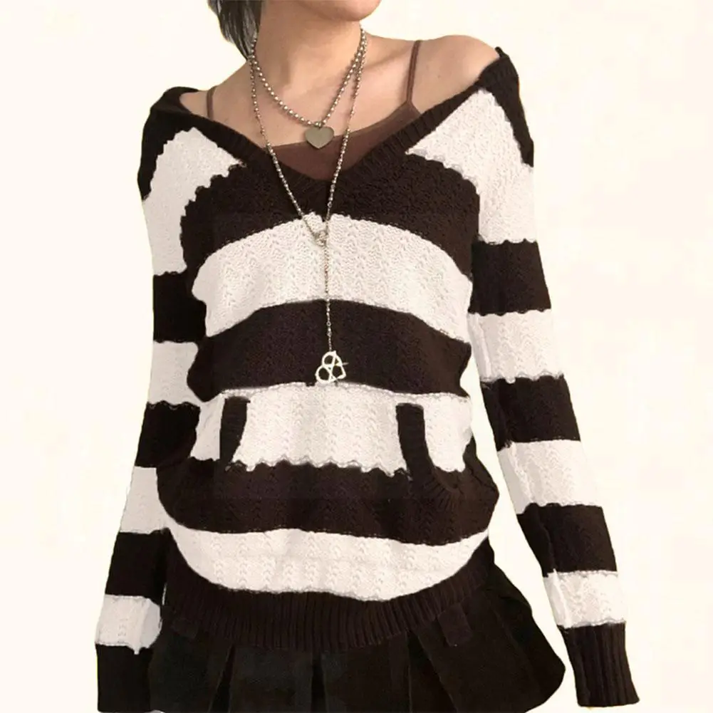 

Ladies Hooded Knit Sweater Striped Pocket Casual Loose Knitted Fall/Winter Jacket Thinning Retro Top V-neck J0R1