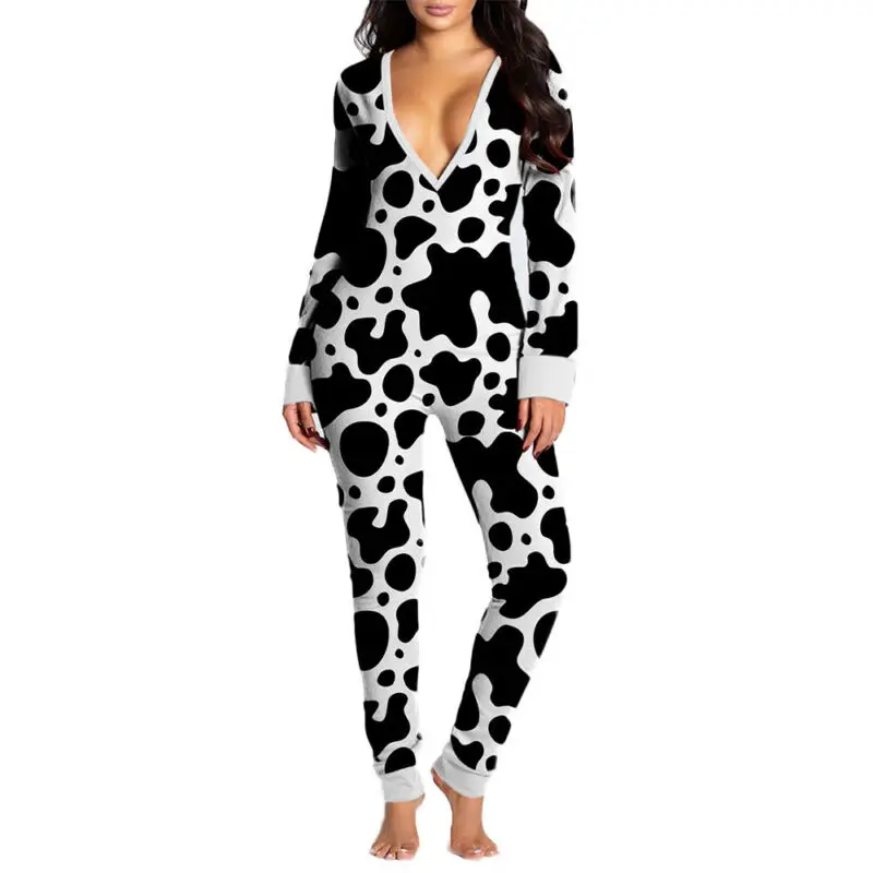 

Womens Leopard Print Sexy V Neck Jumpsuit Long Sleeve Bodycon Casual Bodysuit