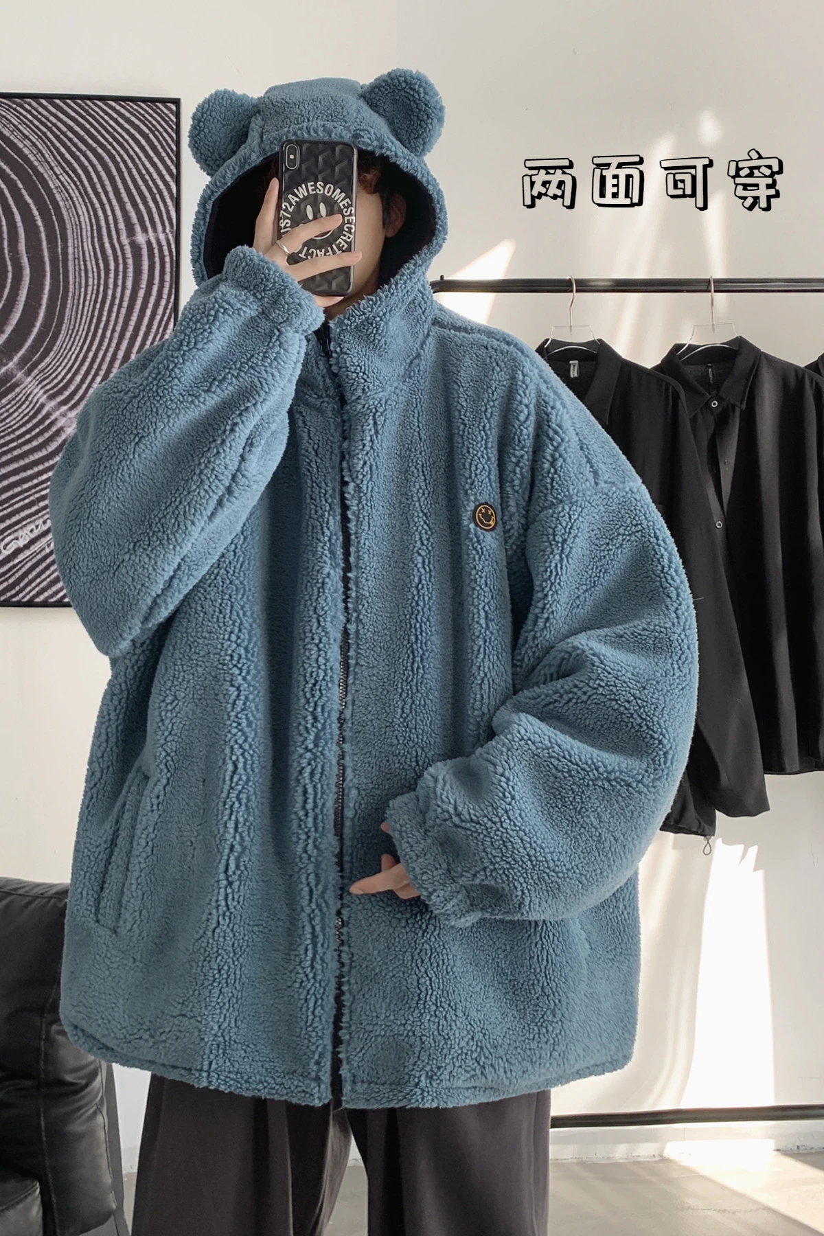 

Reversible Bear Ear Hooded Winter Jacket Korean Casual Style Men Jacket Thick Parka