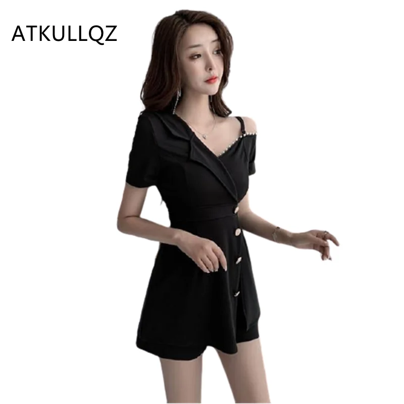 

2022 New Technician Shorts Thin Covering Belly Strapless Sling Dress set Nightclub Short Sleeve Little Black Dress Suit Women