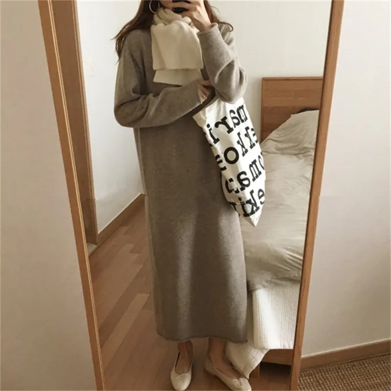 Корейский стиль, Осень-зима, женское теплое платье, бежевое, серое, свободное, негабаритное, вязанное, Vestidos Longo, элегантное, облегающее, миди платье-свитер