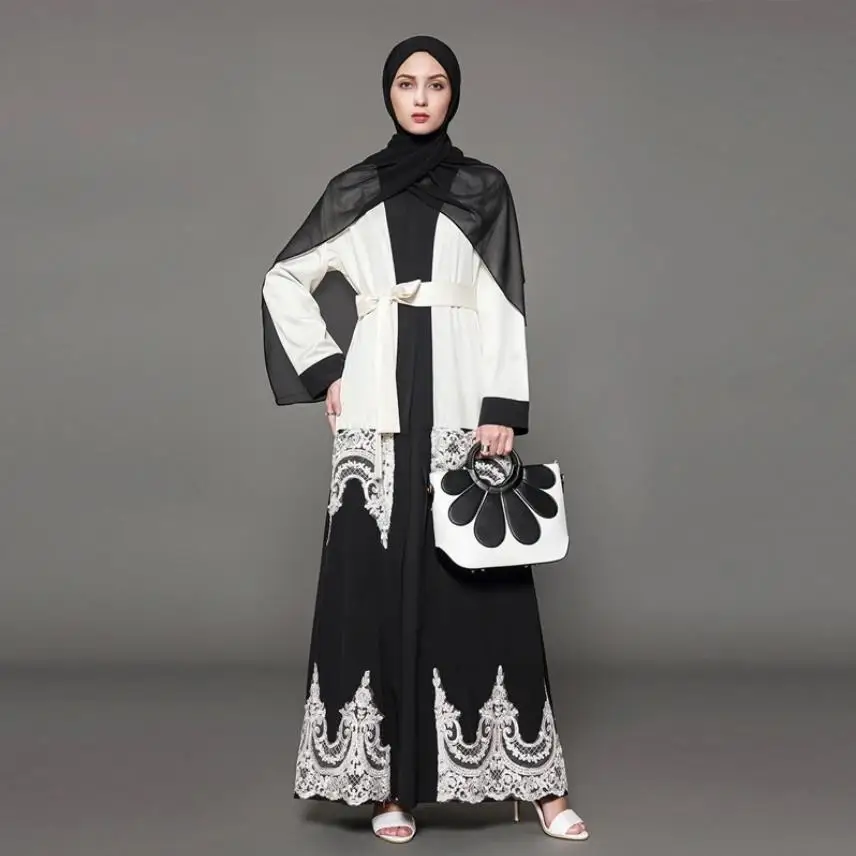 5XL модное Рамадан ИД открытая абайя кружевное платье Дубай модное мусульманское платье кружевное платье Арабская служба поклонения Wj1476