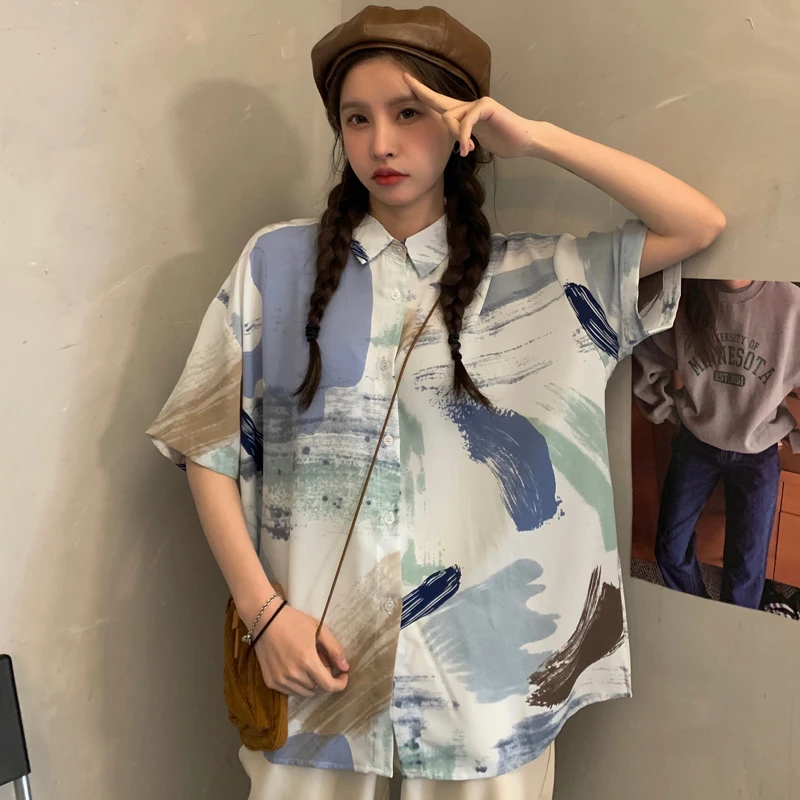 

Summer new style printed loose polo collar short sleeve shirt women
