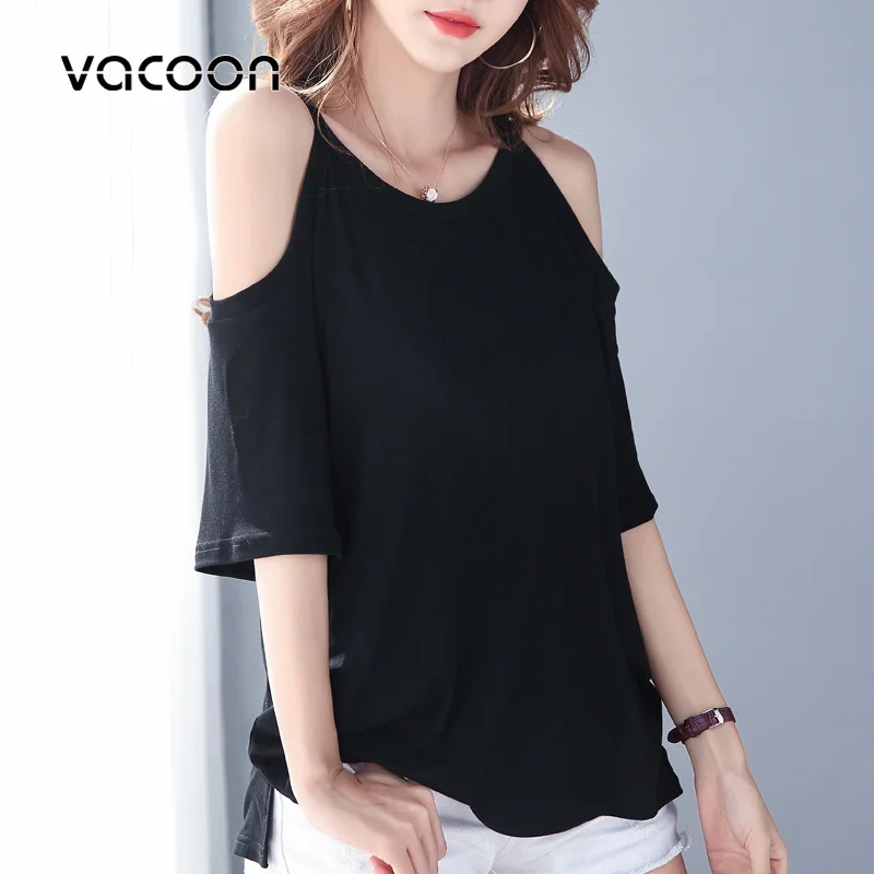 Футболка женская с открытыми плечами пикантный однотонный Повседневный Топ