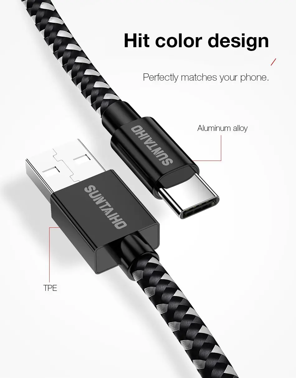 Suntaiho Тип usb C кабель для samsung S10 S9 A50 Xiaomi Redmi Note 8 Pro быстрой зарядки Тип-C Зарядное устройство мобильного телефона кабель с разъемом usb-c