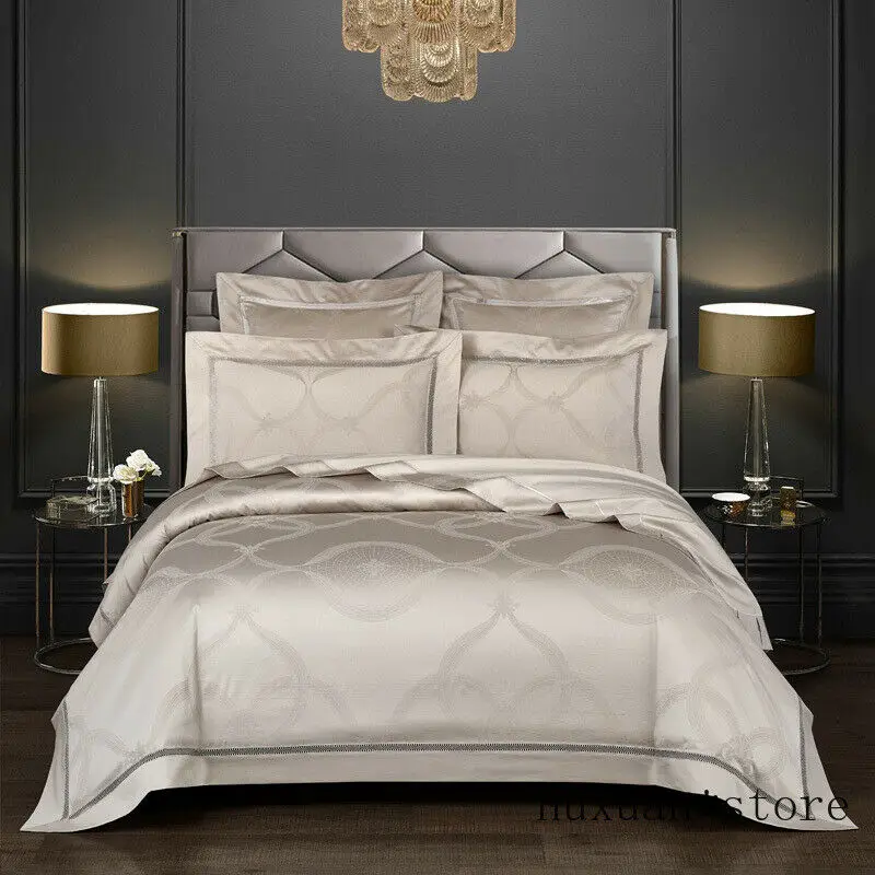 

Luxury Egyptian Cotton Jacquard Duvet Cover Silver Grey Bedding Set Queen King