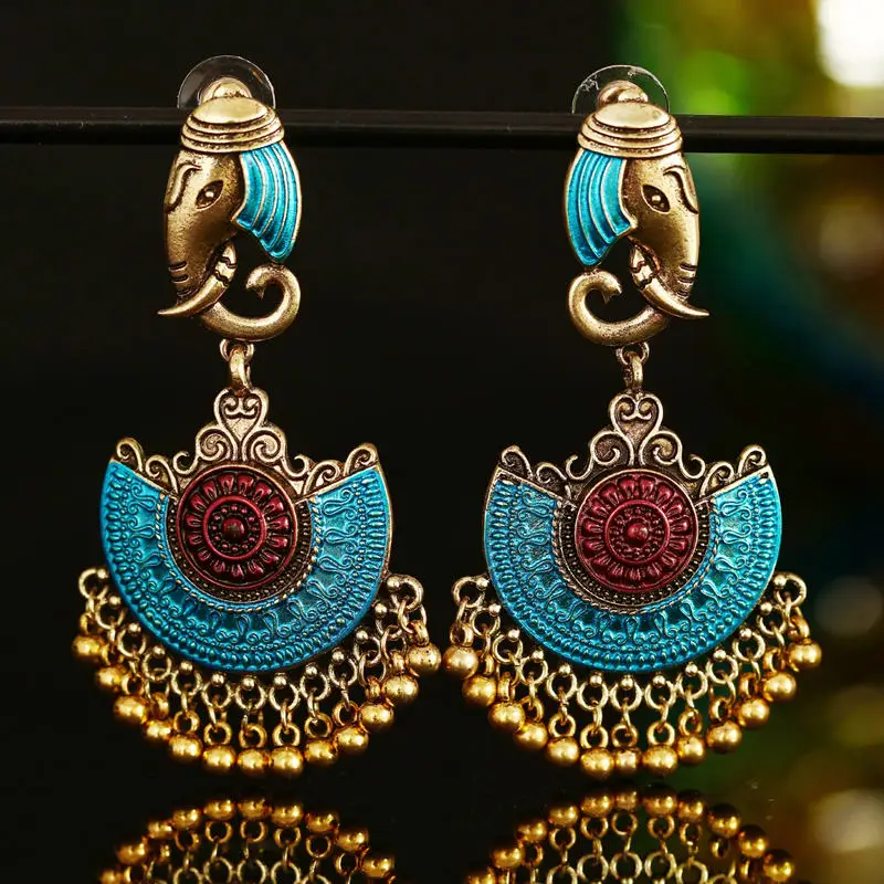E blue wine Индийские Jhumka серьги «Слоник» цыганские ювелирные изделия в стиле ретро этнические бусины в античном стиле висячие серьги с кисточками для женщин богемный подарок - Окраска металла: E blue wine